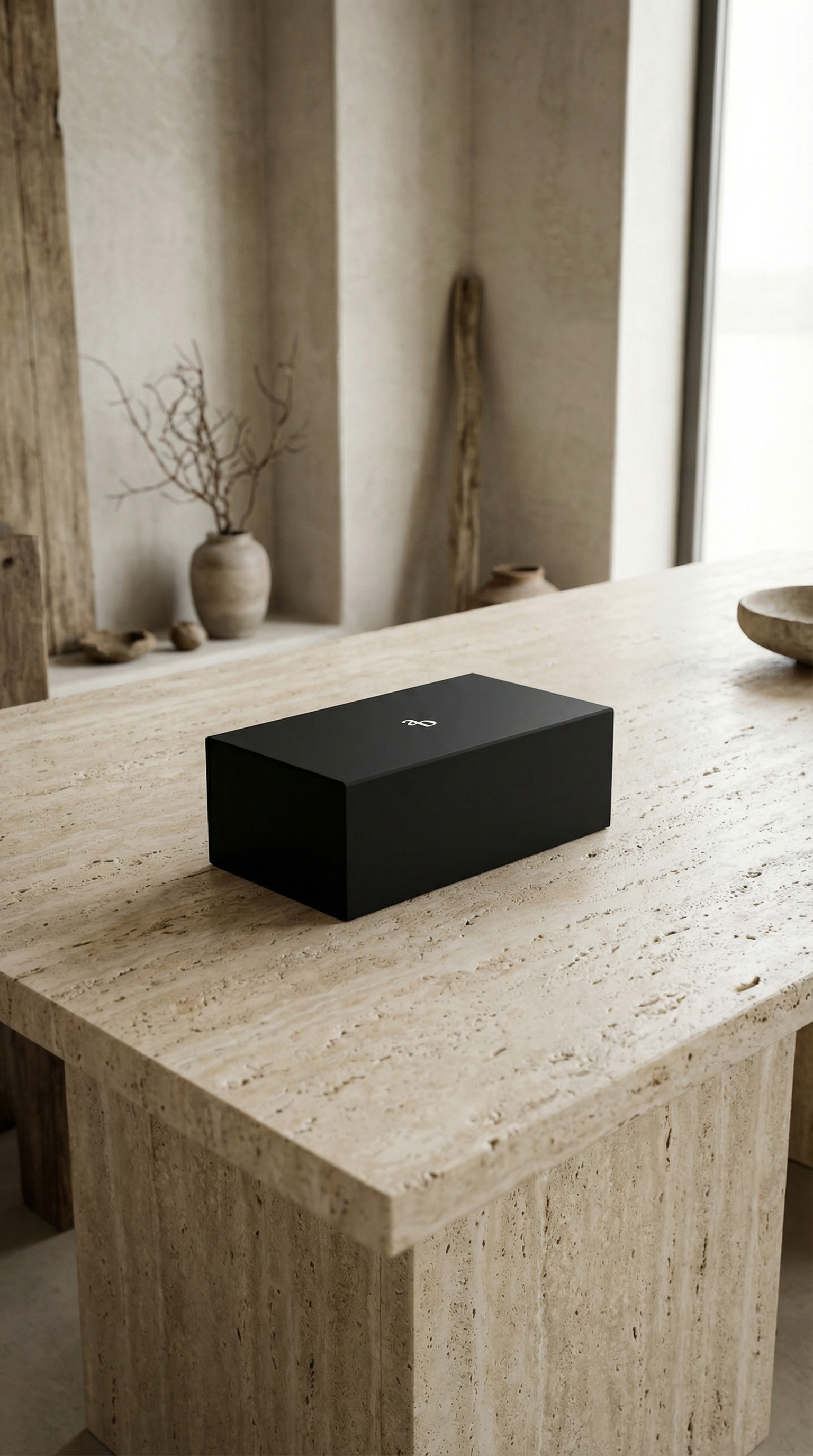 Ariblake black keepsake box on travertine